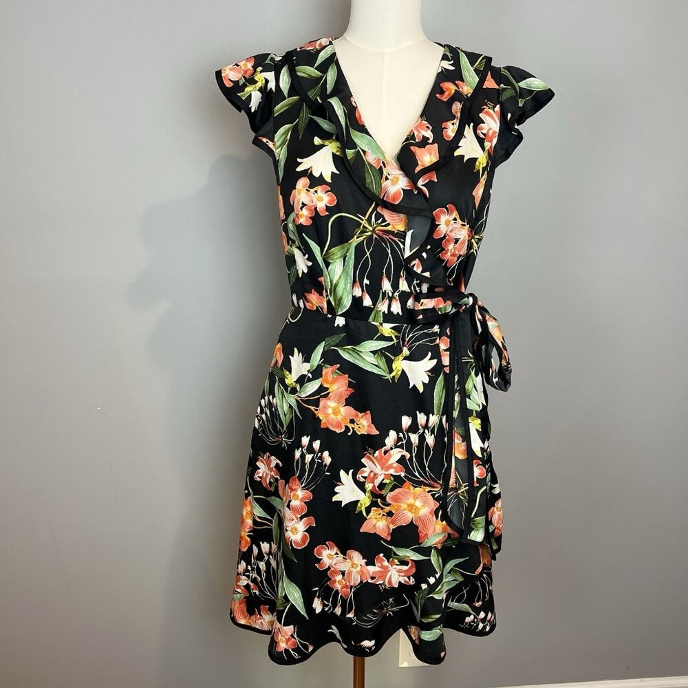 Hi There from Karen Walker Black Tropical Wrap Dress Size 6 Ruffle Anthropologie